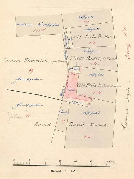 Lageplan zum rückwärtigen Erweiterungsbau, 1899 (Baurechtsamt Schwäb. Hall, Bauakten Gelbinger Gasse 27)