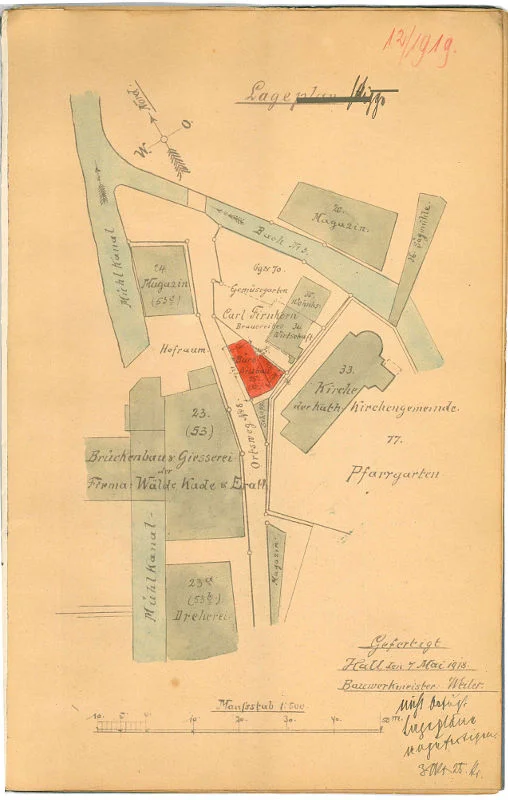 Teilansicht der Fabrikgebäude auf dem Lageplan zum Neubau des durch einen Brand zerstörten Kontorhauses, 1919 (Baurechtsamt Schwäb. Hall, Bauakten Mühlweg 6)