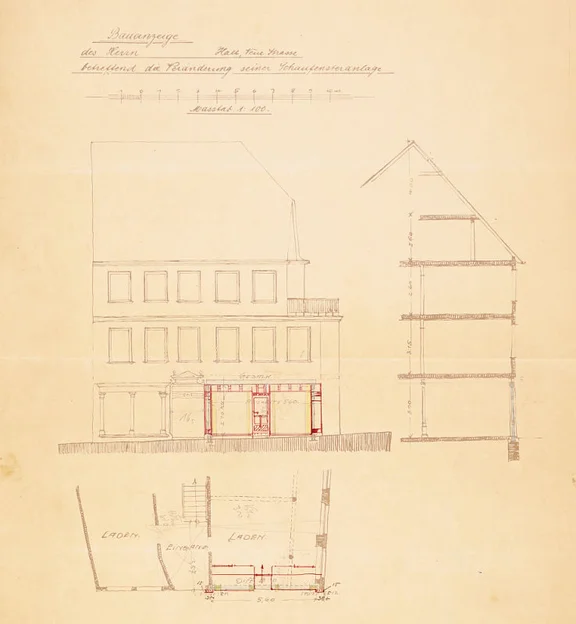 1912 erhielt der Kapp’sche Laden ein neues Schaufenster (Stadt Schwäb. Hall, Baurechtsamt, Bauakten Neue Straße 29-33)