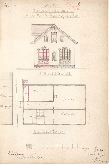 Umbau der Essigfabrik zu einem Wohnhaus 1876: Giebelansicht und Grundriss des Erdgeschosses (Baurechtsamt SHA, Bauakten Salinenstraße 3)