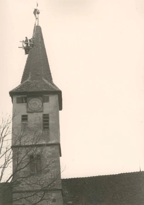Renovierung des Kirchturms, 1933 (StadtA Schwäb. Hall 04486)