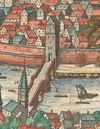 Ausschnitt aus der Ansicht Schwäbisch Halls in der „Kosmographie“ von Georg Braun und Franz Hogenberg, um 1580. Das Brückentor ist hier als imposantes, mehrstöckiges Bauwerk dargestellt (StadtA Schwäb. Hall S10/0508)