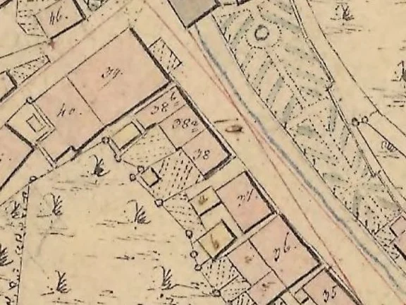 Ausschnitt aus dem Primärkataster 1827-1830. PKN 38 gehört heute zum Anwesen Hessentaler Straße 16, war 1830 aber ein eigenständiges Wohnhaus (Plan: Geodatenportal Schwäbisch Hall /  Stadt Schwäbisch Hall, Fachbereich Planen und Bauen, Abteilung Vermessung).