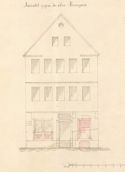 Plan zum Umbau des Erdgeschosses, 1874. Rechts ist der abgebrochene Kellervorbau zu erkennen (Baurechtsamt SHA, Bauakten)