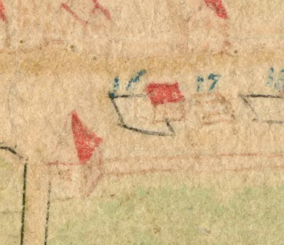 Ausschnitt aus der Flurkarte von Unterlimpurg, 1703. Links ist das Gartenhaus zu erkennen, aus dem das heutige Haus Nr. 26 hervorgegangen ist (StadtA SHA 16/0021)