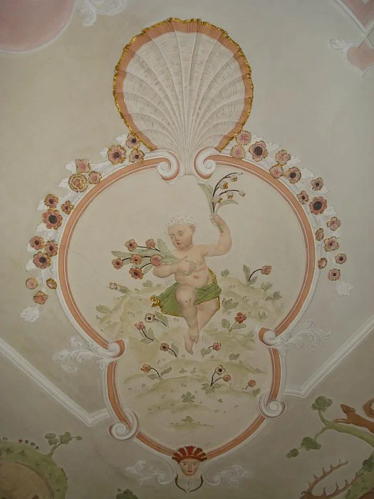 Barocksaal. Personifikation des Frühlings in der Nordwestecke der Decke. Foto: Daniel Stihler (StadtA Schwäb. Hall Server Häuserlexikon)