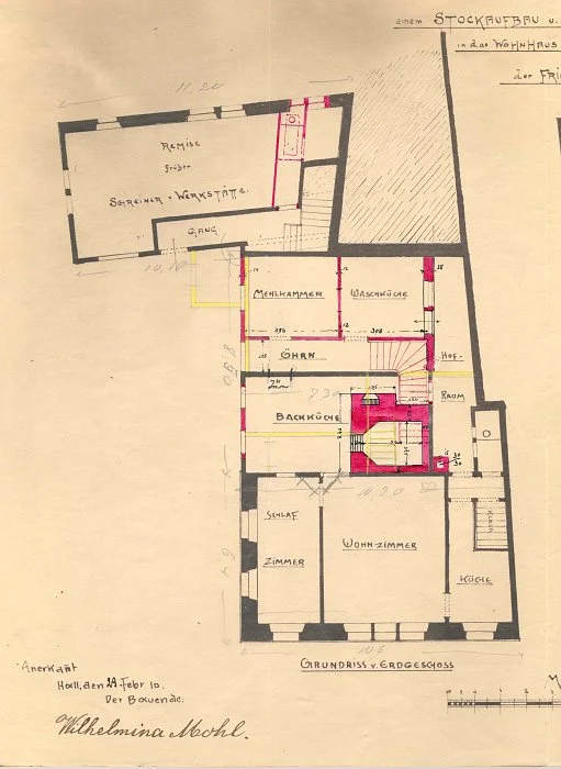 Erweiterung des Hauses und Einbau eines Backofens, 1910: Grundriss des Erdgeschosses (Privatbesitz).