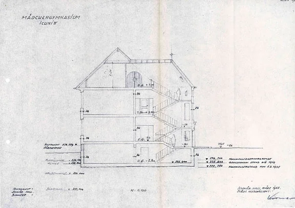 Aus einem Plansatz von 1955: Schnitt durch das Treppenhaus (StadtA Schwäb. Hall R105/57)