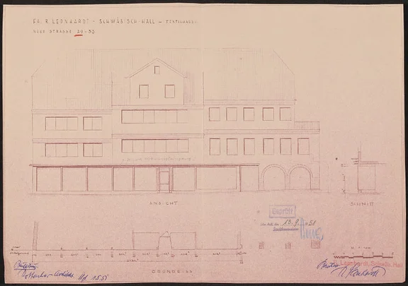 Nach dem um 1950 erfolgten Erwerb des ehemals Kapp’schen Hausanteils durch die Firma R. Leonhardt entstand dieser erste Entwurf für einen Umbau des gesamten Ensembles Neue Straße 29-33 (Stadt Schwäb. Hall, Baurechtsamt, Bauakten Neue Straße 29-33)