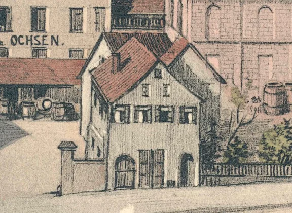 Ausschnitt aus einer kolorierten Ansichtskarte um 1910 des „Ochsen“ (StadtA Schwäb. Hall PK 00496)