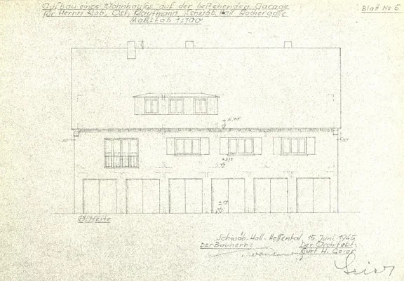 Wohnhausaufbau auf das Garagengebäude Nr. 12a, 1945 (Baurechtsamt SHA, Bauakten)