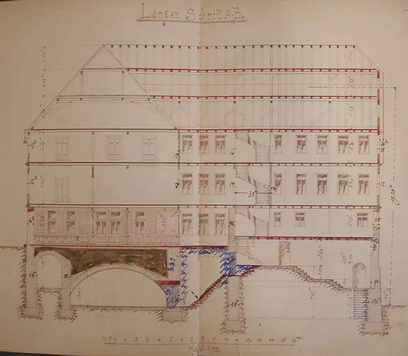 Schitt durch das Gebäude zum Umbau in die Gewerbebank, 1897 (Baurechtsamt Schwäb. Hall, Bauakten Marktstraße 17)