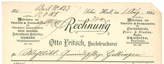 Briefkopf der im Haus ansässigen Buchdruckerei von Otto Fritsch, 1898 (StadtA Schwäb. Hall 61/1788)