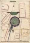Plan des Haalbrunnens mit den umgebenden Haalhäusern von J. L. Kazner, 1769 (StadtA Schwäb. Hall HV HS 88, Bl. 182r)