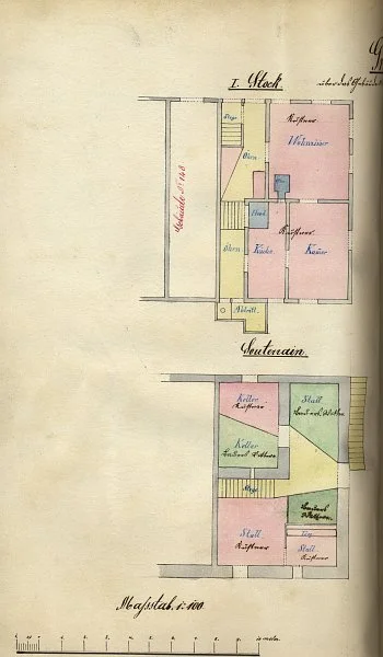 Grundriss des ''Souterrains'' (= Kellergeschoss) und Ersten Stocks (= Erdgeschoss) für einen Teilungsplan zwischen den Hausbesitzern Friedrich Küstner (rosa) und Gottfried Bauers Witwe (grün), 1877 (gemeinschaftlicher Besitz: gelb) (StadtA SHA 19/0510, Beil. 20-2)