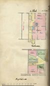 Grundriss des ''Souterrains'' (= Kellergeschoss) und Ersten Stocks (= Erdgeschoss) für einen Teilungsplan zwischen den Hausbesitzern Friedrich Küstner (rosa) und Gottfried Bauers Witwe (grün), 1877 (gemeinschaftlicher Besitz: gelb) (StadtA SHA 19/0510, Beil. 20-2)