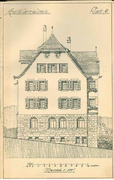 Ansicht der Südseite aus den Plänen zum Neubau des Hauses, 1907 (StadtA Schwäb. Hall 27/0527).