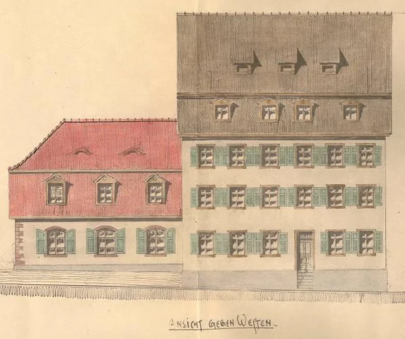 Erneute Vergrößerung und Aufstockung der der Remise, 1911. Ansicht aus Richtung Westen, von der Marktstraße her (StadtA SHA 27/0015)