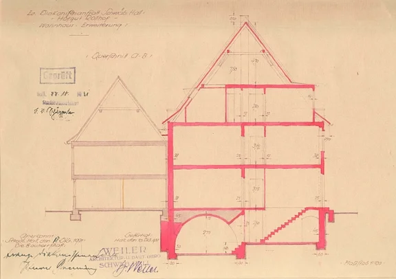 Schnittzeichnung durch den Neubau des Wohnhauses, 1931 (Baurechtsamt SHA, Bauakten)