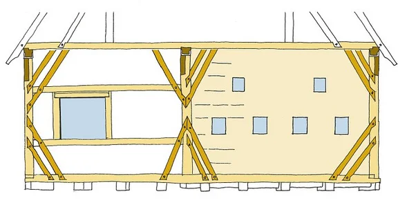 Rekonstruktion der Fassade des Obergeschosses auf der Straßenseite. Zeichnung: Albrecht Bedal (StadtA SHA Server Häuserlexikon)