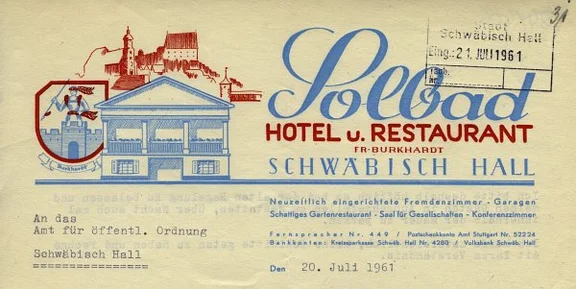 Briefkopf des Solbad-Hotels, 1961 (StadtA SHA 84/0406)