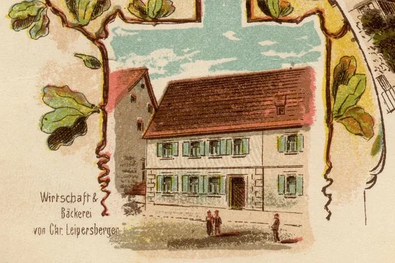 Ausschnitt aus einer Potpourri-Postkarte mit Steinbacher Ansichten, Lithographie, vermutlich aus den 1890er Jahren. Original: Privatbesitz (StadtA Schwäb. Hall DIG 06476)