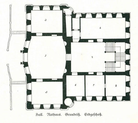 Grundriss des Erdgeschosses. Aus: Eugen Gradmann (Hrsg.): Die Kunst- und Altertumsdenkmale der Stadt und des Oberamtes Schwäbisch-Hall, Esslingen 1907, S. 76 angeb.