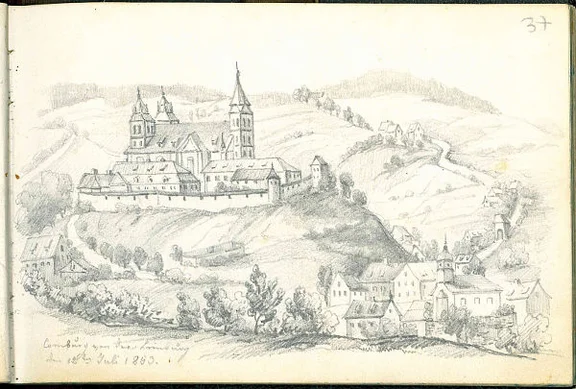 Die Comburg im Jahr 1853, Bleistiftzeichnung aus den Skizzen- und Reisetagebüchern eines unbekannten, in Schwäbisch Hall oder in der Nähe lebenden Malers (möglicherweise Hermann oder Gustav Herdtle) (StadtA Schwäb. Hall S01/593, Bd. 1, Bl. 37)