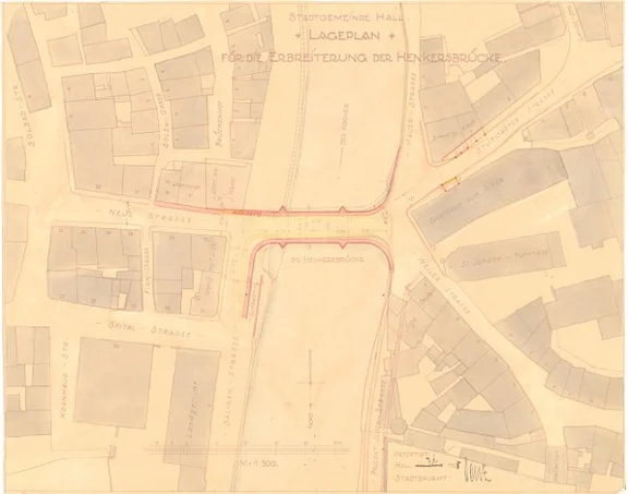 Übersichtsplan zu einer Verbreiterung der Henkersbrücke, 1929. Die Verkehrsbelastung der Innenstadt und insbesondere der Henkersbrücke führte 1929 zu detailliert ausgeführten, aber zugunsten einer Umgehungsstraße (heutige Johanniterstraße, Bau ab 1933) aufgegebenen Plänen für eine Verbreiterung der Henkersbrücke (StadtA Schwäb. Hall 21/1831, Bl. 2a)