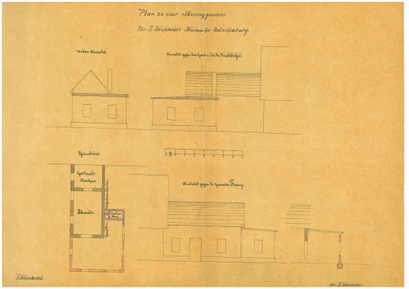 Ansichten und Grundrisse zum Bau einer Messinggießerei hinter dem Haus, 1879 (StadtA Schwäb. Hall 27/506)