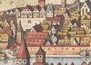 Ausschnitt aus der Stadtansicht von Matthäus Merian nach Leonhard Kern, 1643. Das quer zur Straße stehende Gebäude dürfte – trotz fehlendem Turm – die Hospitalkirche sein (StadtA Schwäb. Hall S10/0506)