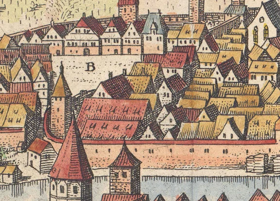 Ausschnitt aus der Stadtansicht von Matthäus Merian nach Leonhard Kern, 1643. Das quer zur Straße stehende Gebäude dürfte – trotz fehlendem Turm – die Hospitalkirche sein (StadtA Schwäb. Hall S10/0506)