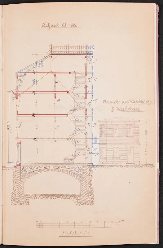 Querschnitt der Gebäude Neue Straße 10 und 12 für den geplanten, aber nur für die Nr. 12 umgesetzten Umbau mit Aufstockung, 1897 (Stadt Schwäbisch Hall, Baurechtsamt, Bauakten Neue Straße 10)