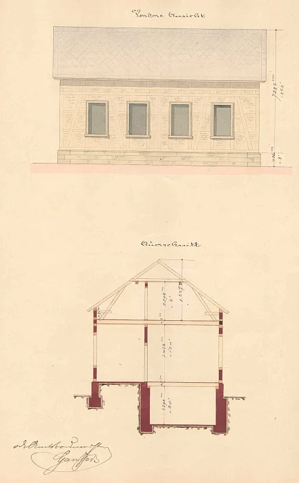 Längsansicht und Schnitt durch die Essigfabrik im Garten des Fischhauses, 1872 (Baurechtsamt SHA, Bauakten Salinenstraße 3)