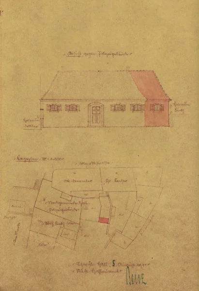 Frontansicht des „Polizeigefängnisses“ im Hinterhof, 1941 (Stadt Schwäbisch Hall, Baurechtsamt, Bauakten Am Markt 9)