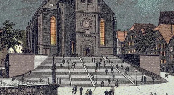 Ausschnitt aus einer Postkarte mit einer Nachtansicht von St. Michael, 1898 (StadtA Schwäb. Hall Seyboth PK 0075)