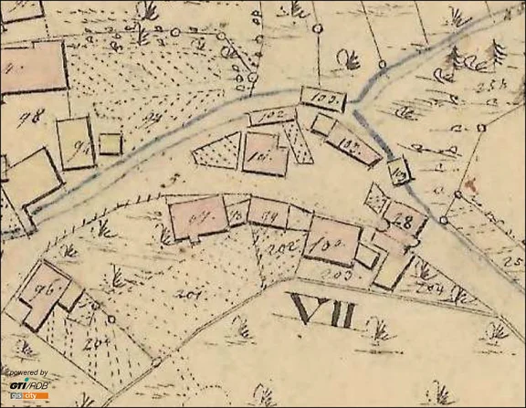 Ausschnitt aus dem Primärkataster 1827-1830. Der Vorgängerbau des heutigen Hauses Nr. 10 ist in der Bildmitte an der (schlecht lesbaren) Nummer 99 erkennbar (Plan: Geodatenportal Schwäbisch Hall / Stadt Schwäbisch Hall, Fachbereich Planen und Bauen, Abteilung Vermessung).