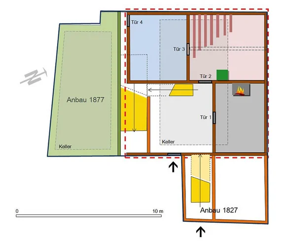Grundriss des Erdgeschosses, Rekonstruktion des Zustands um 1600. Plan: Albrecht Bedal (StadtA Schwäb. Hall DIG 11569)