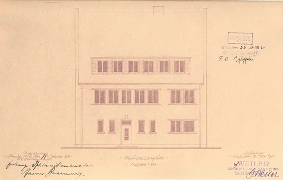 Seitenansicht zum Neubau des Wohnhauses, 1931 (Baurechtsamt SHA, Bauakten)