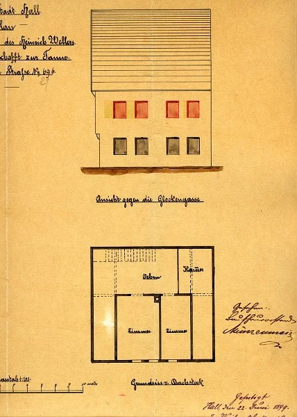 Seitenansicht und Dachstock-Grundriss zu geplanten Umbauten im Ersten Stock durch  die Tannenwirtswitwe Katharina Weller, 1899 (Baurechtsamt, Bauakten Lange Straße 21)