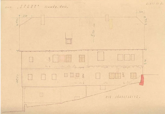 Ansicht der Südostseite aus dem Bauantrag zur Renovierung des „Sterns“ von 1938 (Baurechtsamt Schwäb. Hall, Bauakten Unterlimpurger Straße 61)