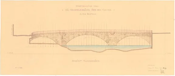 Aufnahme des alten Bauzustands der Henkersbrücke im Zusammenhang mit dem nicht umgesetzten Verbreiterungsprojekt, 1929 (StadtA Schwäb. Hall 21/1831, Bl. 4)