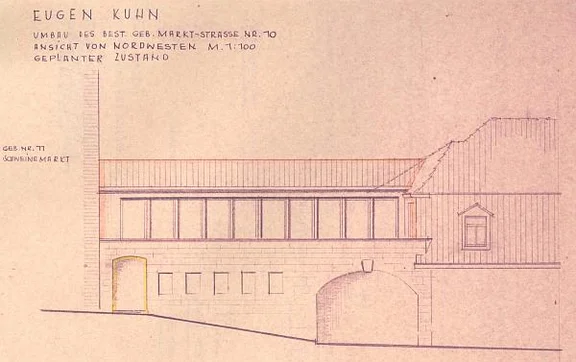 Ansicht der Straßenseite des Nebengebäudes für einen weiteren Umbau, 1962 (StadtA SHA 27/0015)