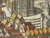 Ausschnitt aus der Stadtansicht von Matthäus Merian nach Leonhard Kern, kolorierter Kupferstich aus der „Topographia Suevia“ von 1643. Die beiden Gebäude neben der Jakobskirche in der linken Bildmitte dürften Vorgängerbauten der heutigen Häuser Am Markt 7 und 8 sein (StadtA Schwäb. Hall S10/0506)