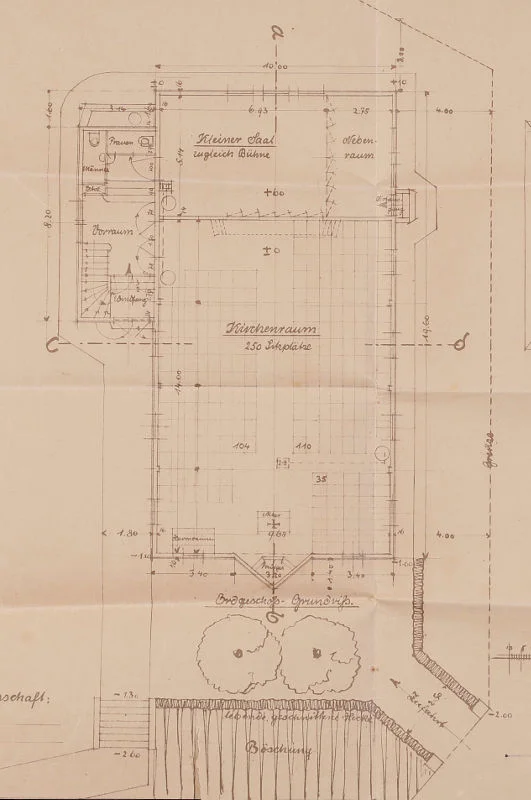 Nicht umgesetzter Entwurf des Stuttgarter Architekten Emil Weippert für ein „Betsaalgebäude“ der evangelischen Kirchengemeinde Steinbach von 1926 (Pfarrarchiv Ev. Kirchengemeinde Steinbach)