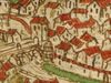 Ausschnitt aus einer kolorierten Federzeichnung der Stadt aus der handschriftlichen „Dötschmann-Chronik“ von etwa 1600. Das mit der Traufseite zur Stadtmauer stehende Haus rechts vom Brückentor dürfte das Vorderbad sein (StadtA Schwäb. Hall S09/10, Bl. 3)