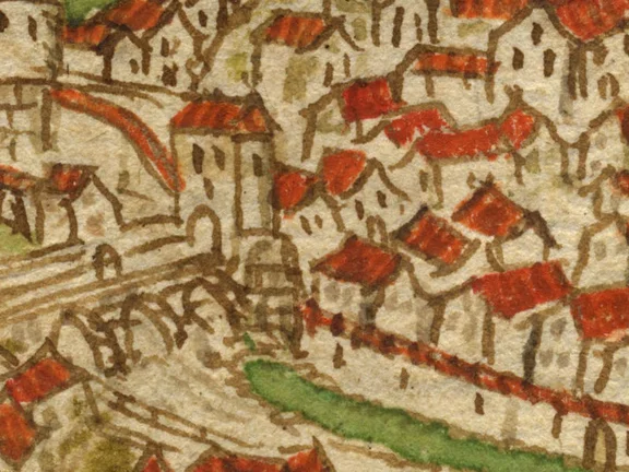 Ausschnitt aus einer kolorierten Federzeichnung der Stadt aus der handschriftlichen „Dötschmann-Chronik“ von etwa 1600. Das mit der Traufseite zur Stadtmauer stehende Haus rechts vom Brückentor dürfte das Vorderbad sein (StadtA Schwäb. Hall S09/10, Bl. 3)