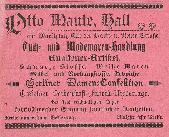 Anzeige der Tuch- und Modewarenhandlung Maute von 1901, aus: W. Burkhardt (Bearb.): Adreß- und Geschäfts-Handbuch der Oberamtsstadt Schwäbisch Hall, Schwäbisch Hall 1901, Inseratenanhang, S. 29 (StadtA Schwäb. Hall Bibl. 2947)
