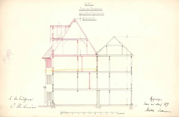 Schnittzeichnung anlässlich der Aufstockung des Anbaus (später Nr. 6/1) von 1877, rechts das  Haus PKN 820 (Baurechtsamt SHA, Bauakten Brückenhof 6/1)