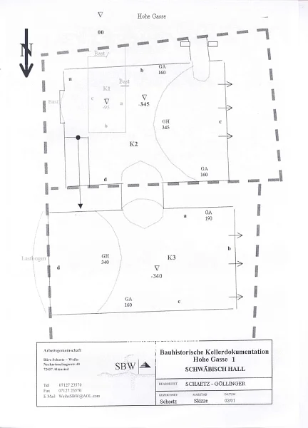 Plan der Keller unter den Häusern Hohe Gasse 1 (oben) und Neue Straße 3 (unten). Plan: Michael Weihs / Christian Schaetz (StadtA SHA S26/0191)